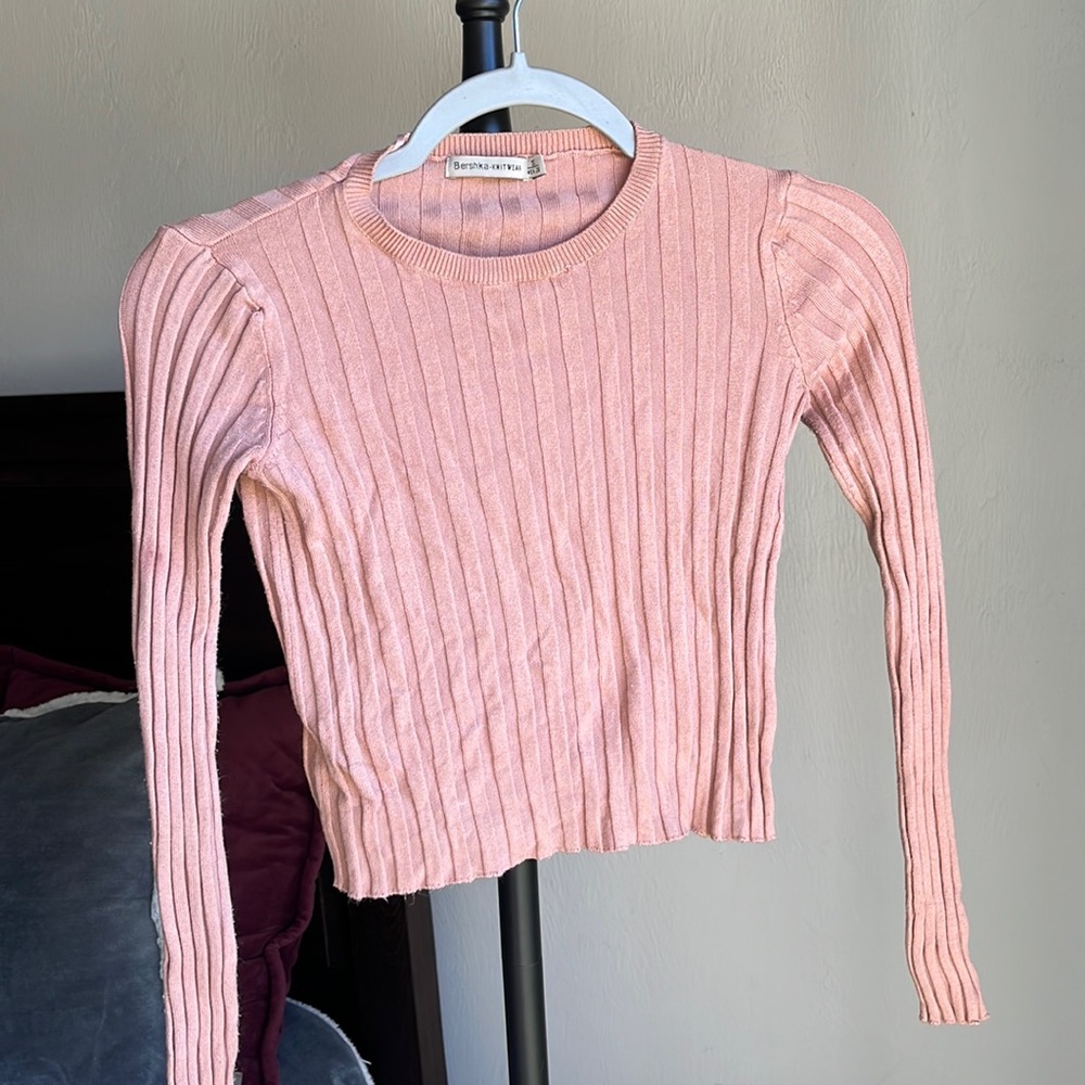 Pink Cropped Slim Fit Long Sleeve Top